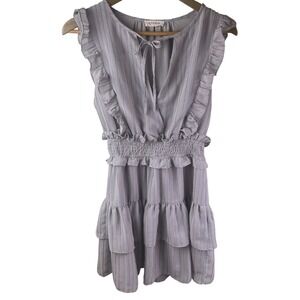 Storia Woman's Gray Pink Ruffled Striped‎ Sleeveless Lined Dress Size Medium
